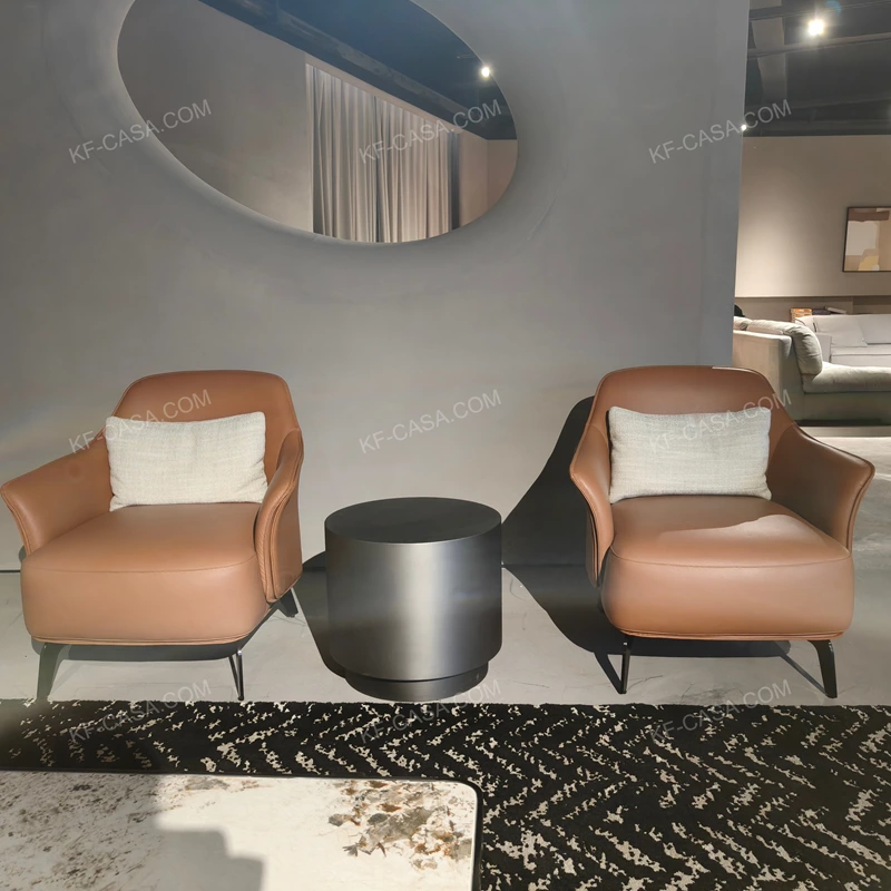 Modern Round Sofa Side Table with Cylindrical Form and Brushed Stainless Steel Finish